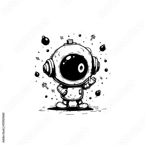 Charming monochrome illustration of a whimsical cartoon astronaut character exploring