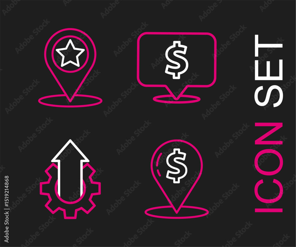 Set line Cash location pin, Arrow growth gear business, Speech bubble with dollar and Map pointer star icon. Vector Set line Cash location pin, Arrow growth gear business, Speech bubble with dollar and Map pointer star icon. Vector