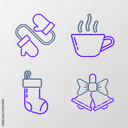 Set line Merry Christmas ringing bell, stocking, Coffee cup and Pair knitted christmas mittens icon. Vector