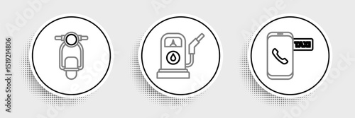 Set line Taxi call telephone service, Scooter and Petrol or Gas station icon. Vector