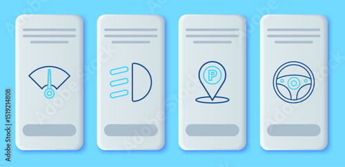 Set line High beam, Location with parking, Speedometer and Steering wheel icon. Vector