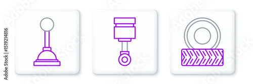 Set line Car wheel, Gear shifter and Engine piston icon. Vector
