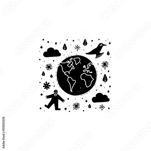 Monochromatic illustration depicting earth, nature and humanity in simple shapes