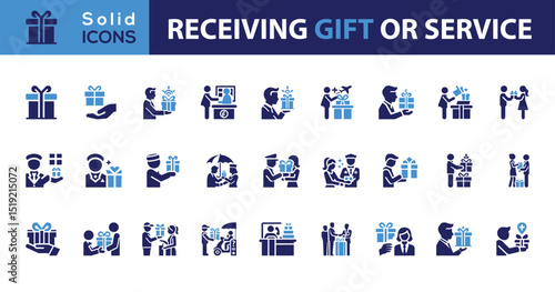 Receiving Gift solid icons set,  gift giving flat icon set