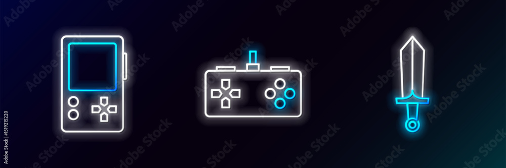 Set line Sword for game, Portable video console and Gamepad icon. Glowing neon. Vector Set line Sword for game, Portable video console and Gamepad icon. Glowing neon. Vector