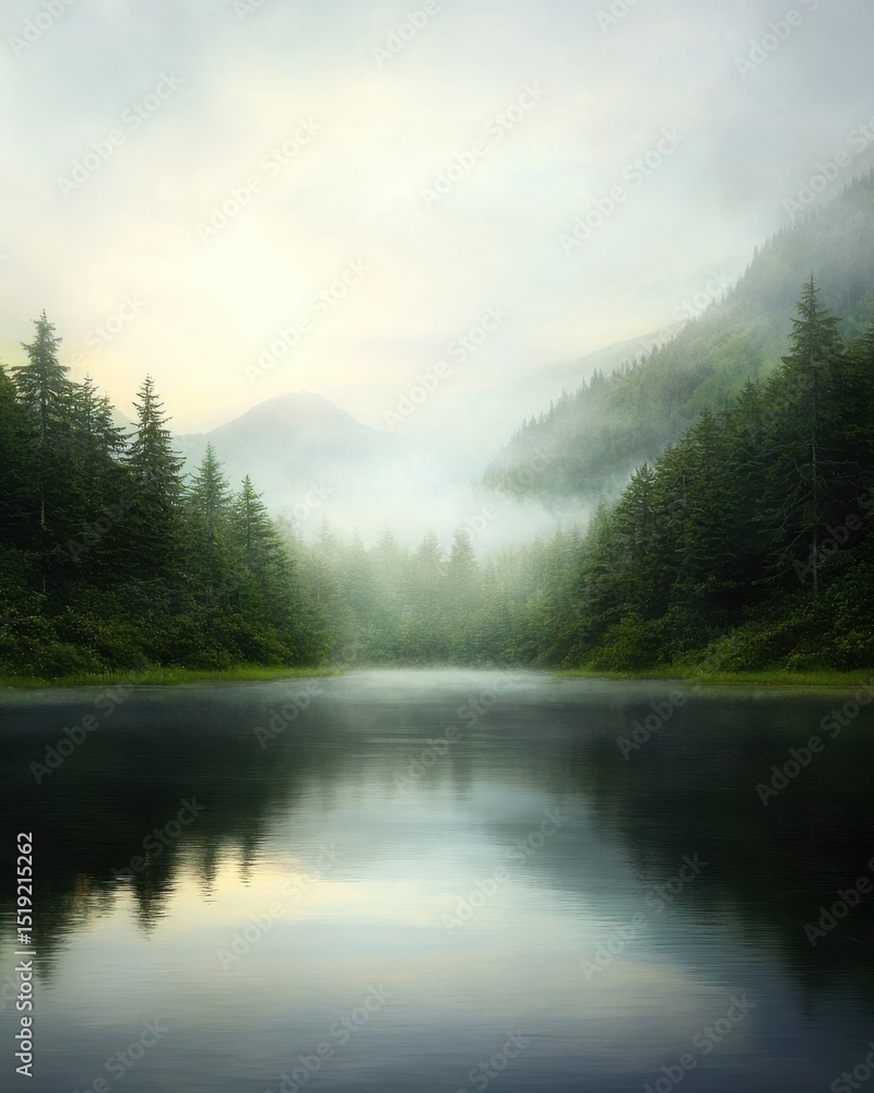 Fototapeta premium Tranquil Misty Morning Reflection Over Serene Lake Surrounded by Lush Evergreen Forests and Majestic Mountains