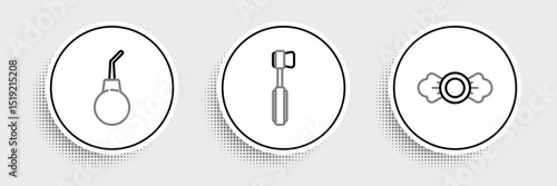 Set line Candy, Enema pear and Toothbrush icon. Vector