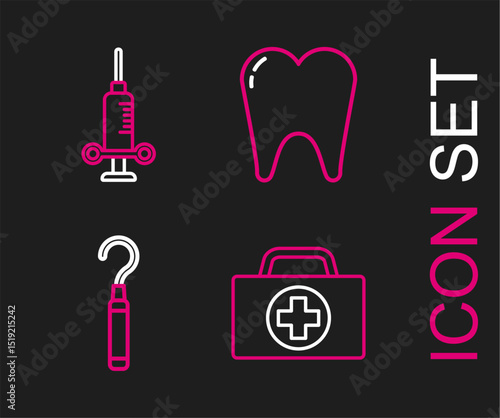 Set line First aid kit, Dental explorer scaler for teeth, Tooth and medical syringe icon. Vector