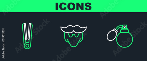 Set line Aftershave bottle with atomizer, Curling iron for hair and Mustache and beard icon. Vector