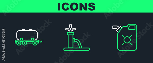 Set line Canister for motor oil, Oil railway cistern and pump pump jack icon. Vector