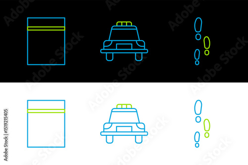 Set line Footsteps, Plastic bag with ziplock and Police car and flasher icon. Vector