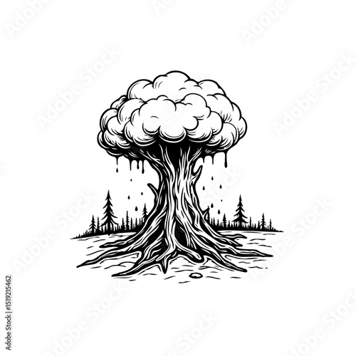 Monochrome illustration of a surreal tree in a desolate landscape, dark artwork