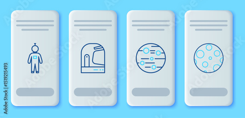 Set line Astronaut helmet, Planet Mars, and Moon icon. Vector