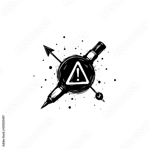 Grunge tattoo machine design with warning triangle symbol, illustration concept art