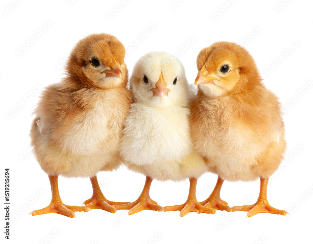 Fototapeta premium Three fluffy chicks standing close together.