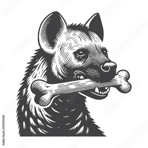 Vintage Hand-Drawn Hyena Holding Bone In Mouth Illustration, Wildlife Animal Engraved Style Vector for T-Shirts and Natural Themes Design