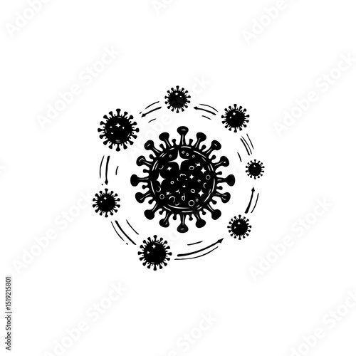 Detailed black and white depiction of coronavirus cells and pathogen structure