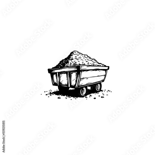 Illustrative depiction: A vintage mine cart overflowing with coal, isolated with white background
