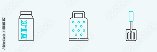Set line Spatula, Paper package for milk and Grater icon. Vector
