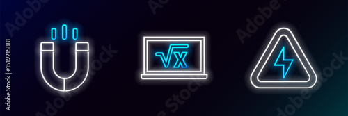 Set line High voltage, Magnet and Square root of x glyph icon. Glowing neon. Vector