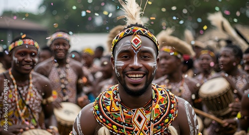 Cheerful African Dancers Celebrating with Traditional Clothing and Confetti
