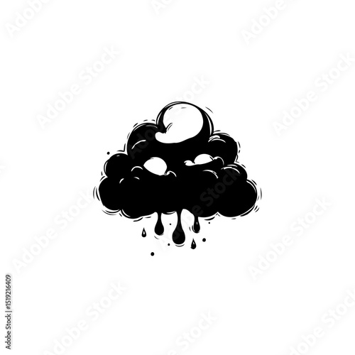 Stylized cloud with menacing eyes and dripping rain in black and white illustration