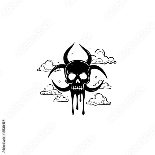 Skull with biohazard symbol amidst clouds in a stylized monochromatic design