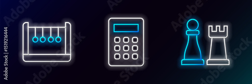 Set line Chess, Pendulum and Calculator icon. Glowing neon. Vector
