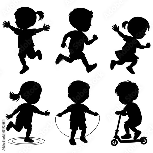 Silhouetted children engaging in various activities such as running jumping and playing games