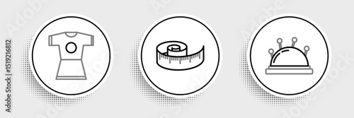 Set line Needle bed and needles, Woman dress and Tape measure icon. Vector