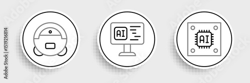 Set line Processor with microcircuits CPU, Robot vacuum cleaner and Software icon. Vector