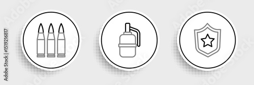 Set line Military reward medal, Bullet and Hand grenade icon. Vector