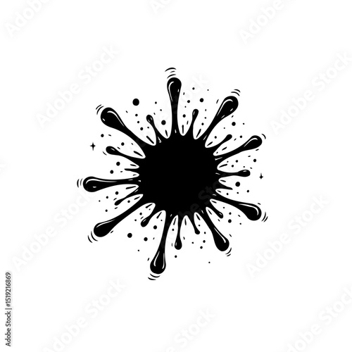 Abstract black ink blot explosion with dynamic splatters and sparkling effects