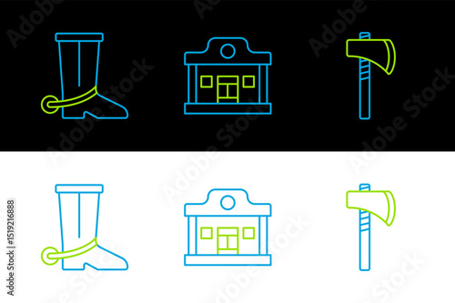 Set line Tomahawk axe, Cowboy boot and Wild west saloon icon. Vector
