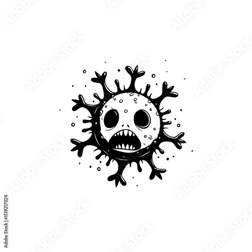 Monochrome illustration of a menacing virus with a scary face and spiky appendages