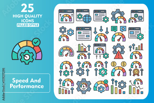 Speed and performance Line Filled Icon Set. Incleded Icons Web Speed, Internet, Website, Settings, Web page speed test, Performance management, Webpage. Vector Icons Collection