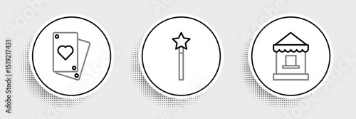 Set line Ticket box office, Playing card and Magic wand icon. Vector