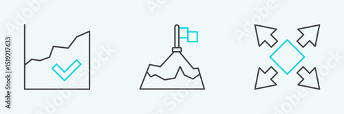 Set line Many ways directional arrow, Financial growth increase and Mountains with flag icon. Vector