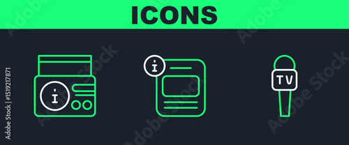Set line Microphone, News radio channel and Information icon. Vector
