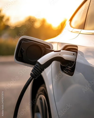 Close-Up of Electric Vehicle Charging Connector Plugged into Car During Sunset with Soft Bokeh Background