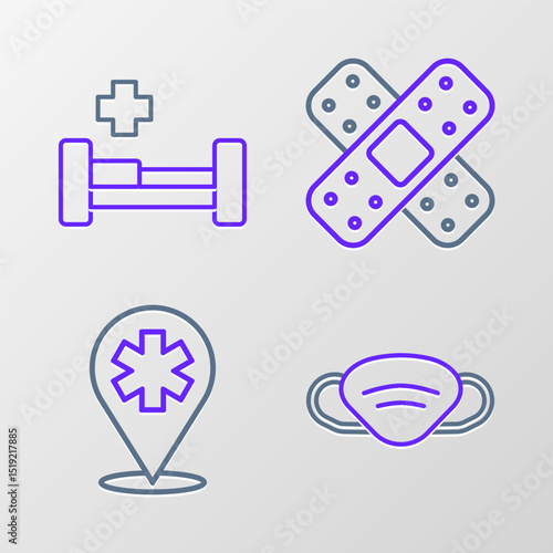 Set line Medical protective mask, Location hospital, Crossed bandage plaster and Hospital bed icon. Vector