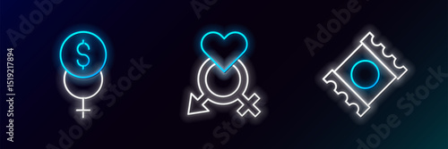 Set line Condom in package, Feminism finance and Gender icon. Glowing neon. Vector