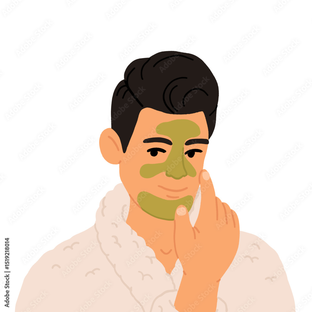 Man applying cosmetic serum or mask on his face, cartoon flat vector illustration isolated on white background. Skincare and cosmetic home procedure for men. Man applying cosmetic serum or mask on his face, cartoon flat vector illustration isolated on white background. Skincare and cosmetic home procedure for men.