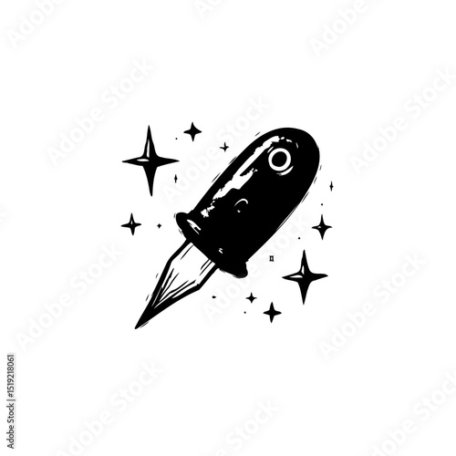 A minimalistic tattoo machine surrounded by stars and cosmic ambiance illustration