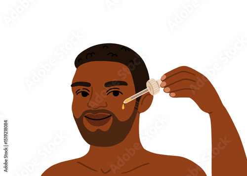Man applying cosmetic serum or mask on his face, cartoon flat vector illustration isolated on white background. Skincare and cosmetic home procedure for men.