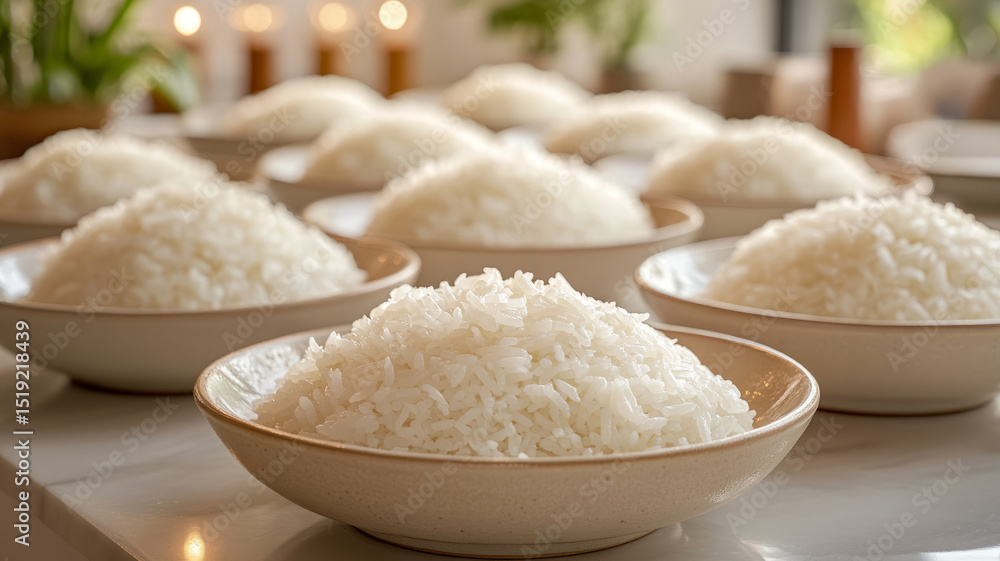Multiple bowls of fluffy white rice on a table setting. Multiple bowls of fluffy white rice on a table setting.