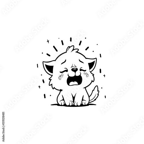 Cute Crying Cartoon Kitten Illustration with Expressive Tears and Whiskers