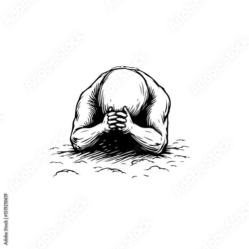 Figure of a person in sorrow, bent over with hands clasped together tightly
