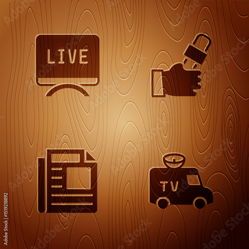 Set TV News car, Live report, and Journalist news on wooden background. Vector