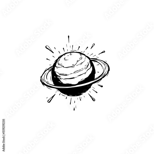 Minimalist Black and White Illustration of Saturn with Rings and Radial Light Burst